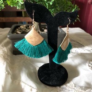 Green and golden tassel dangle earrings. NEW!